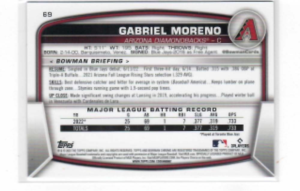 2023 Bowman Chrome Mega Box Mojo Refractor Blue #69 Gabriel Moreno RC Rookie Card /150 Arizona Diamondbacks Baseball NM-MT V686163