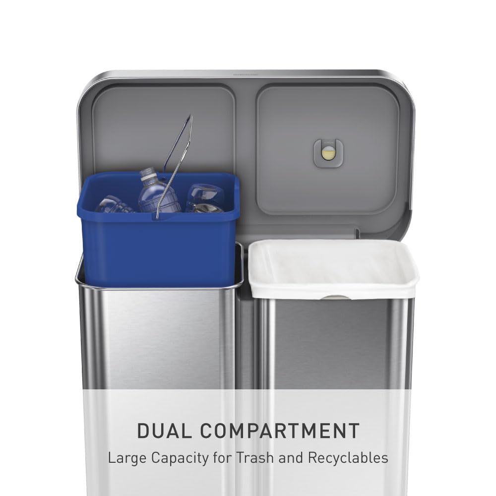 58L Dual Compartment Brushed Stainless Steel Kitchen Trash Can W8116