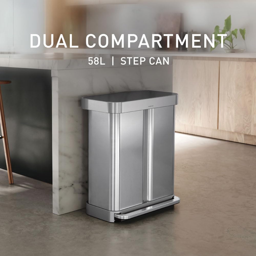 58L Dual Compartment Brushed Stainless Steel Kitchen Trash Can W8116