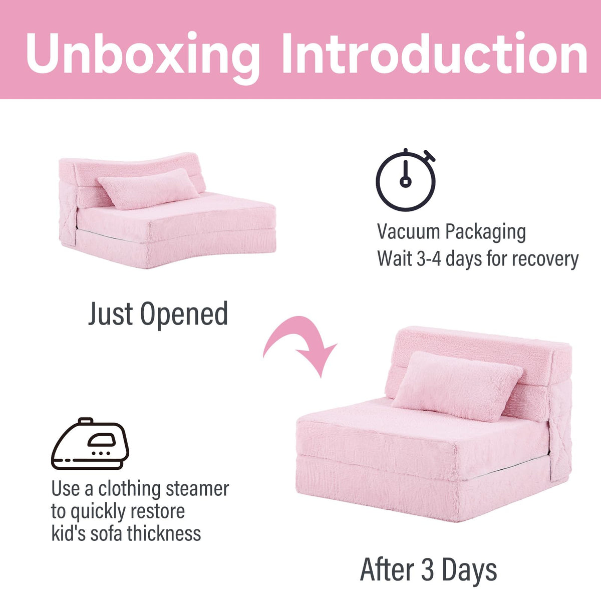 Pink Plush Convertible Folding Kids Sofa Bed with Pillow & Storage Bag F4333