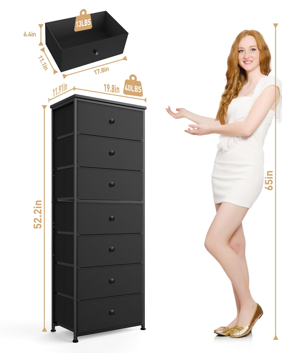 Tall Fabric 7 Drawer Dresser with Steel Frame Wood Top K659789