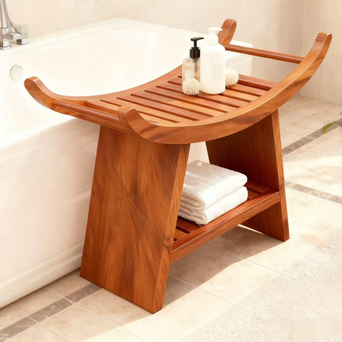 Teak Shower Bench with Storage Shelf Z635