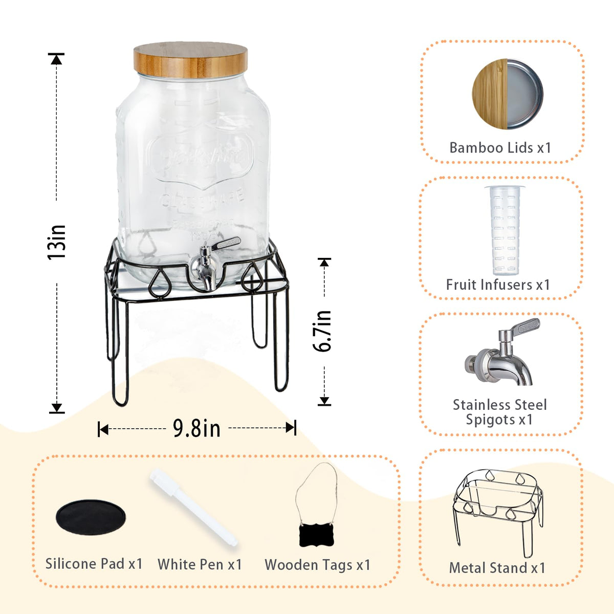 2 Gallon Glass Drink Dispenser with Stand and Bamboo Lid X732