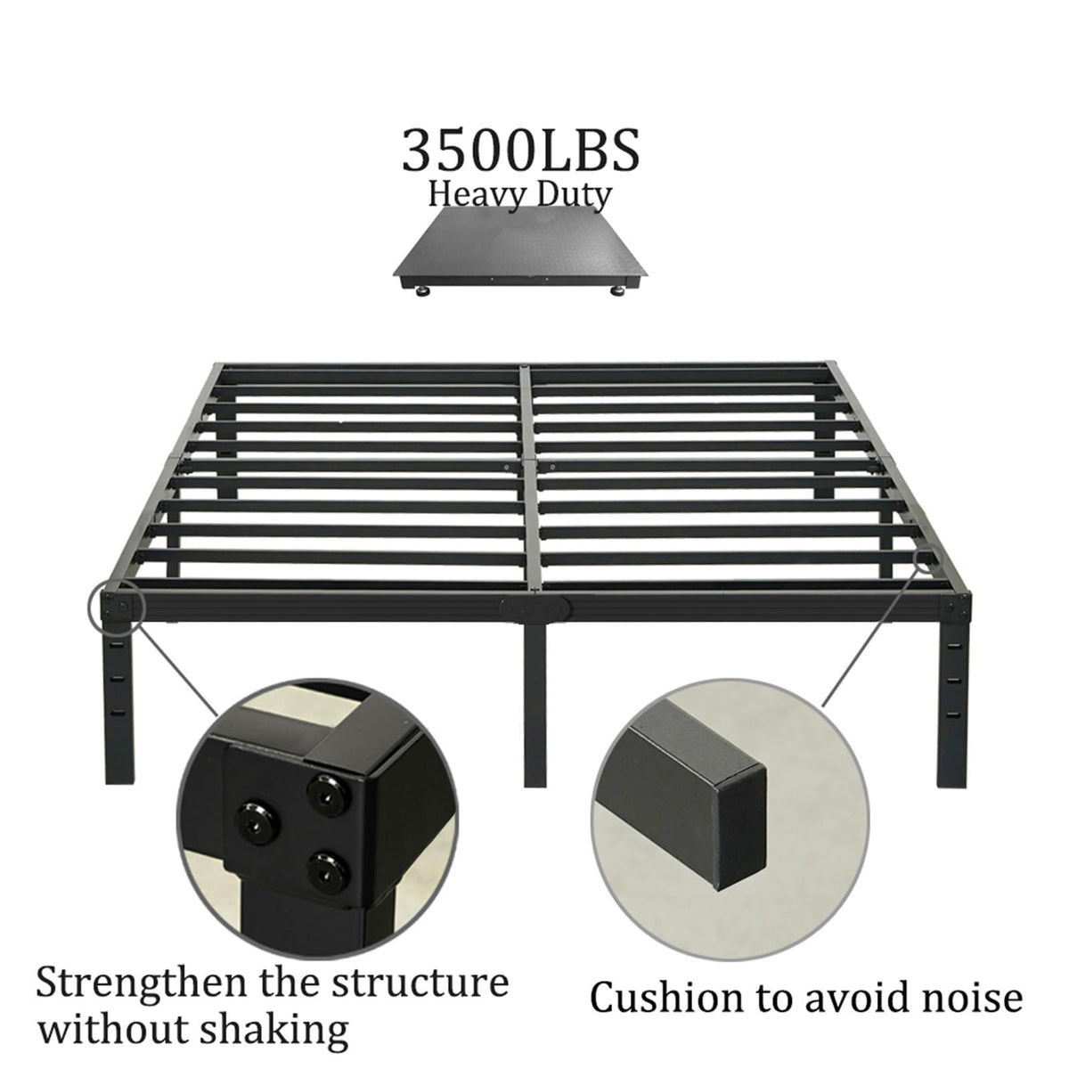 King Size 18 inch Tall Heavy Duty Metal Platform Bed Frame with Steel Slats Support Black N369425