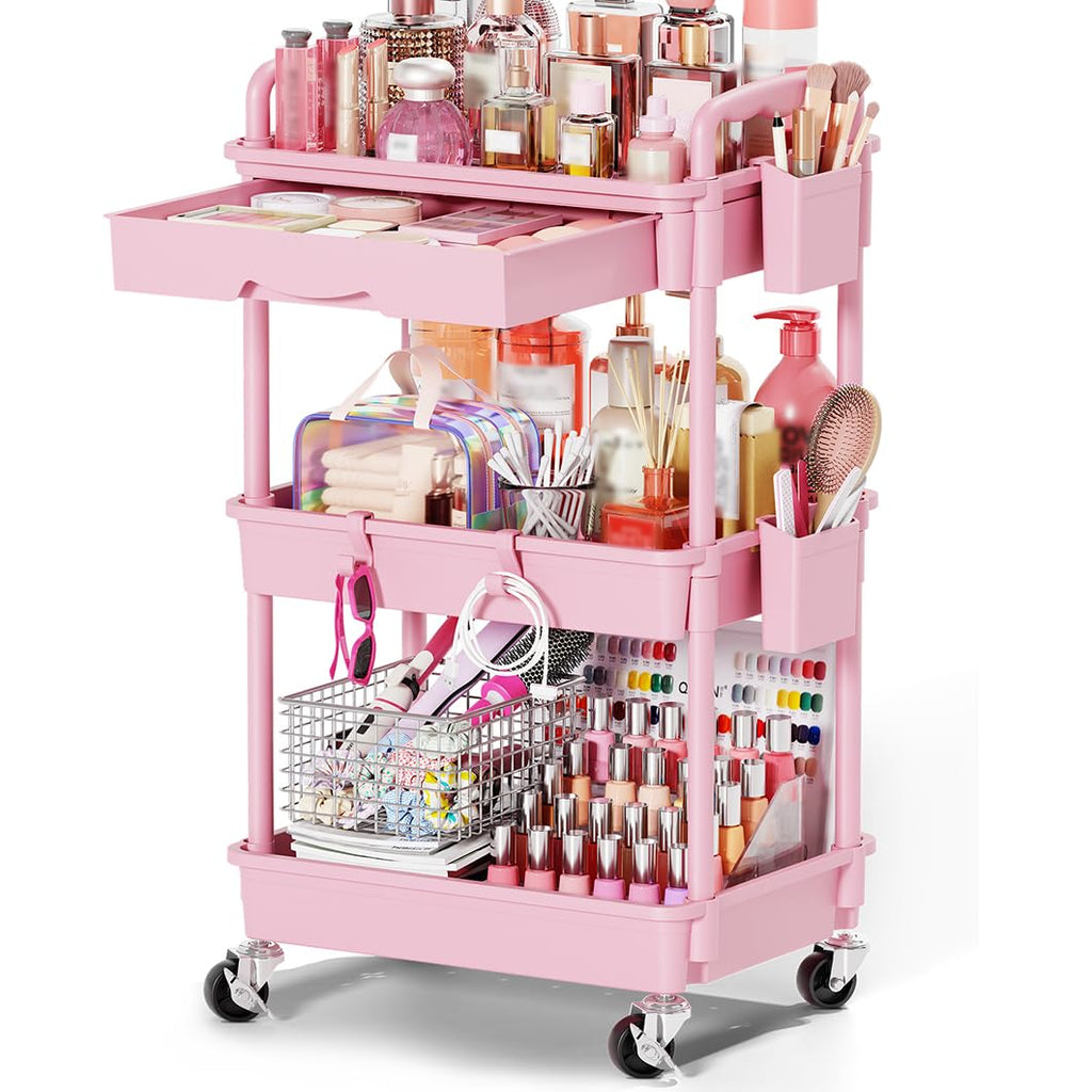 Pink 3 Tier Rolling Makeup Organizer Cart Q270141