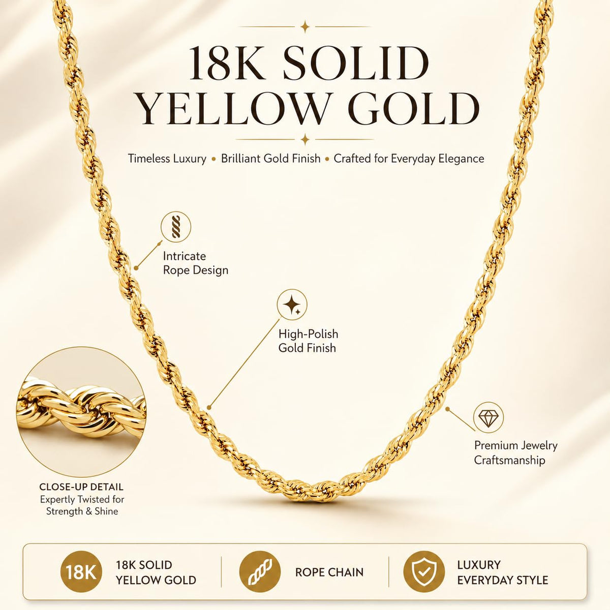18K Solid Yellow Gold Rope Chain Necklace G39151
