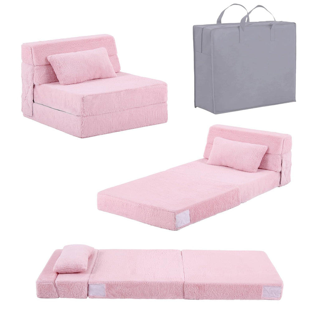 Pink Plush Convertible Folding Kids Sofa Bed with Pillow & Storage Bag F4333