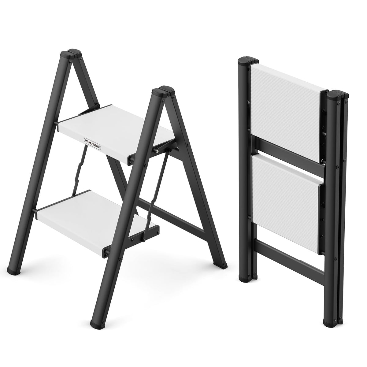 2 Step Ladder, Foldable Step Stool, 300lbs Load, Black & White W311
