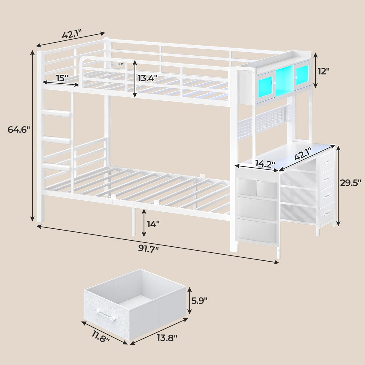 Twin Over Twin Bunk Bed with Desk & LED Light I816