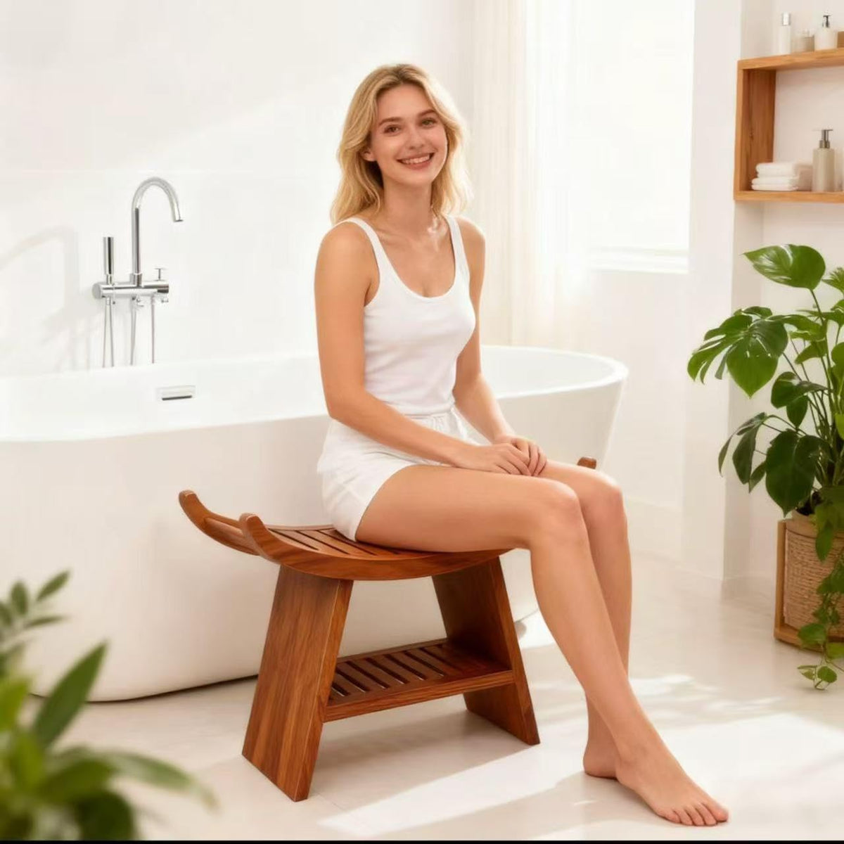 Teak Shower Bench with Storage Shelf Z635