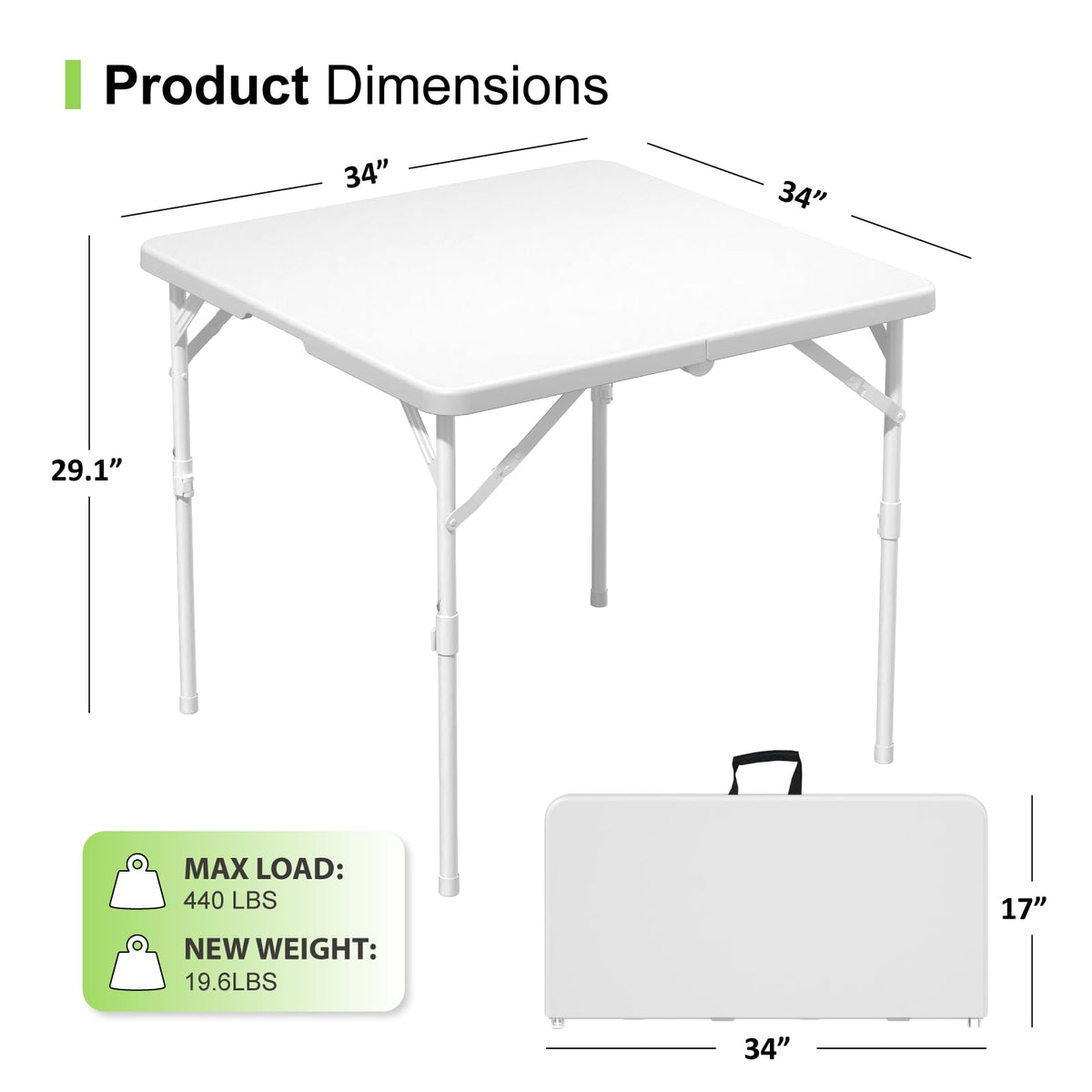 34" White Square Folding Plastic Table with Carrying Handle X7925