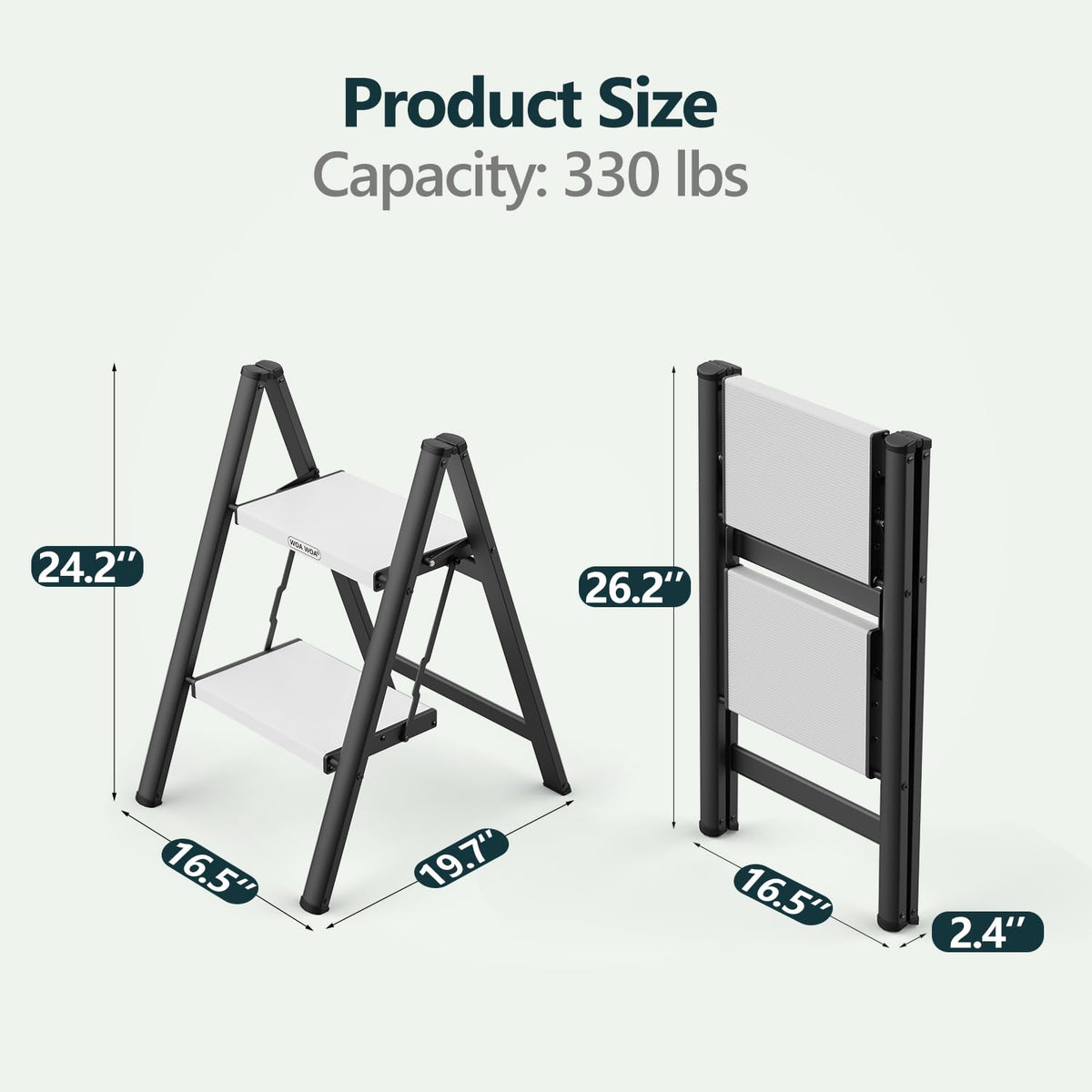 2 Step Ladder, Foldable Step Stool, 300lbs Load, Black & White W311
