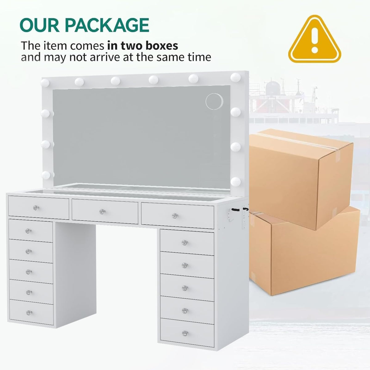 47" White Makeup Vanity with 13 Drawers and HD Mirror B4258