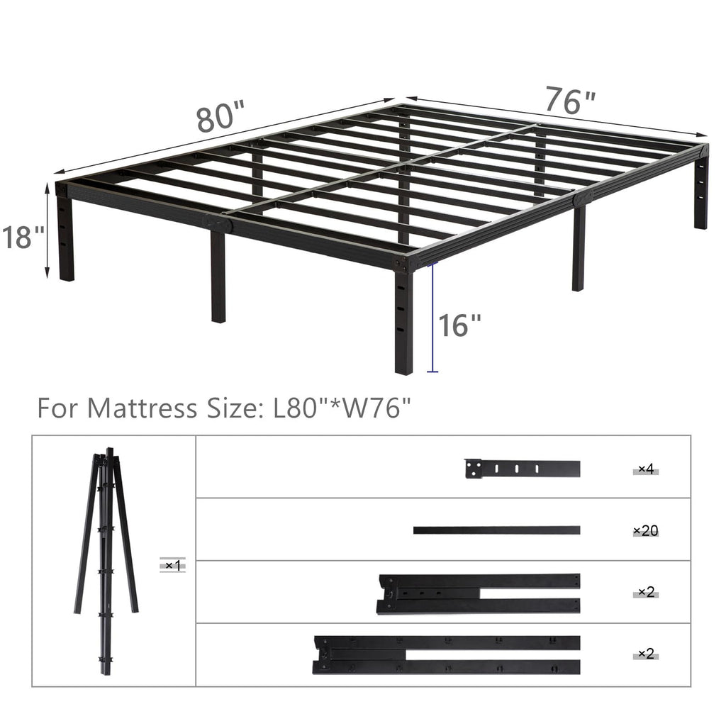 King Size 18 inch Tall Heavy Duty Metal Platform Bed Frame with Steel Slats Support Black N369425