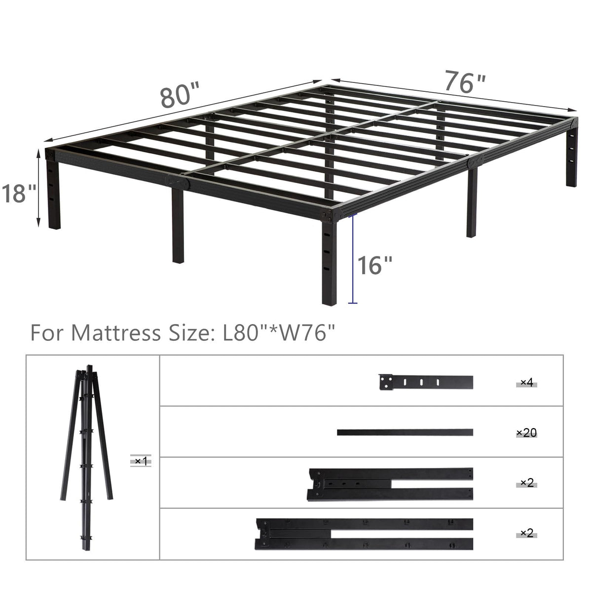 King Size 18 inch Tall Heavy Duty Metal Platform Bed Frame with Steel Slats Support Black N369425