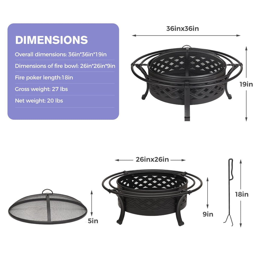 36 Inch Outdoor Fire Pit with Spark Screen Black A457