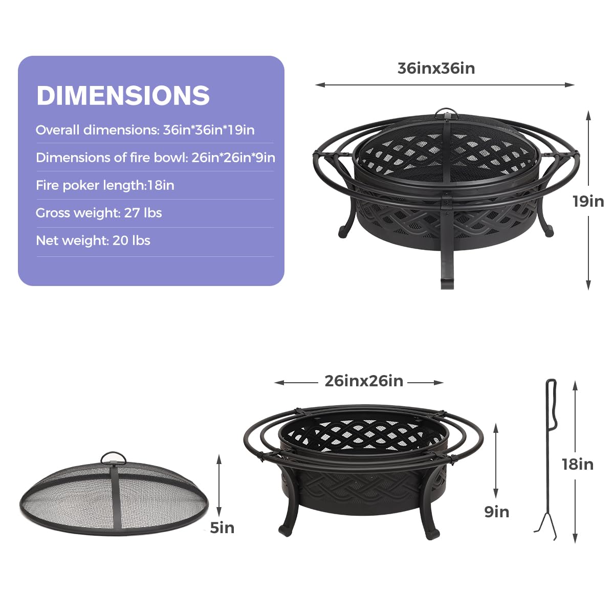 36 Inch Outdoor Fire Pit with Spark Screen Black A457