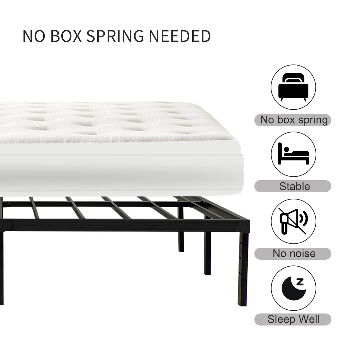 King Size 18 inch Tall Heavy Duty Metal Platform Bed Frame with Steel Slats Support Black N369425