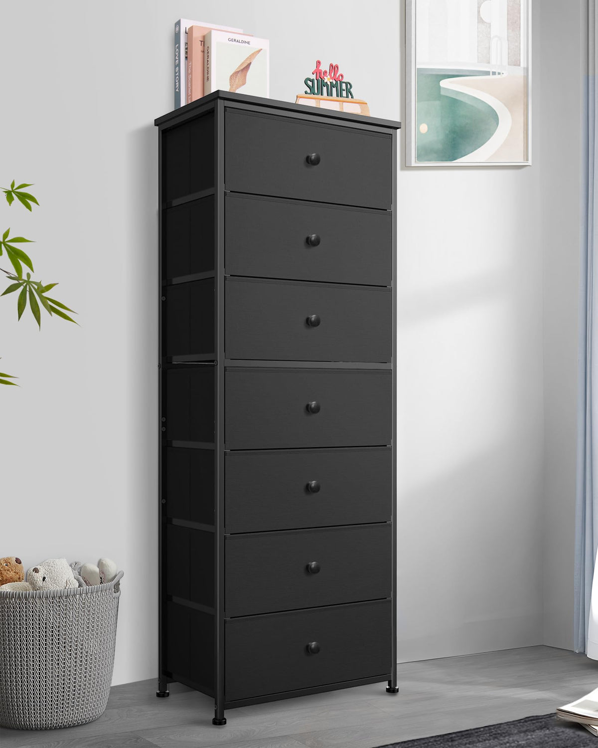 Tall Fabric 7 Drawer Dresser with Steel Frame Wood Top K659789