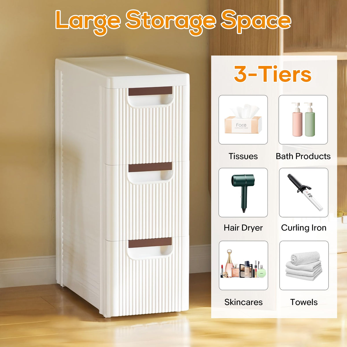 White 3 Drawer Slim Bathroom Cabinet M813706