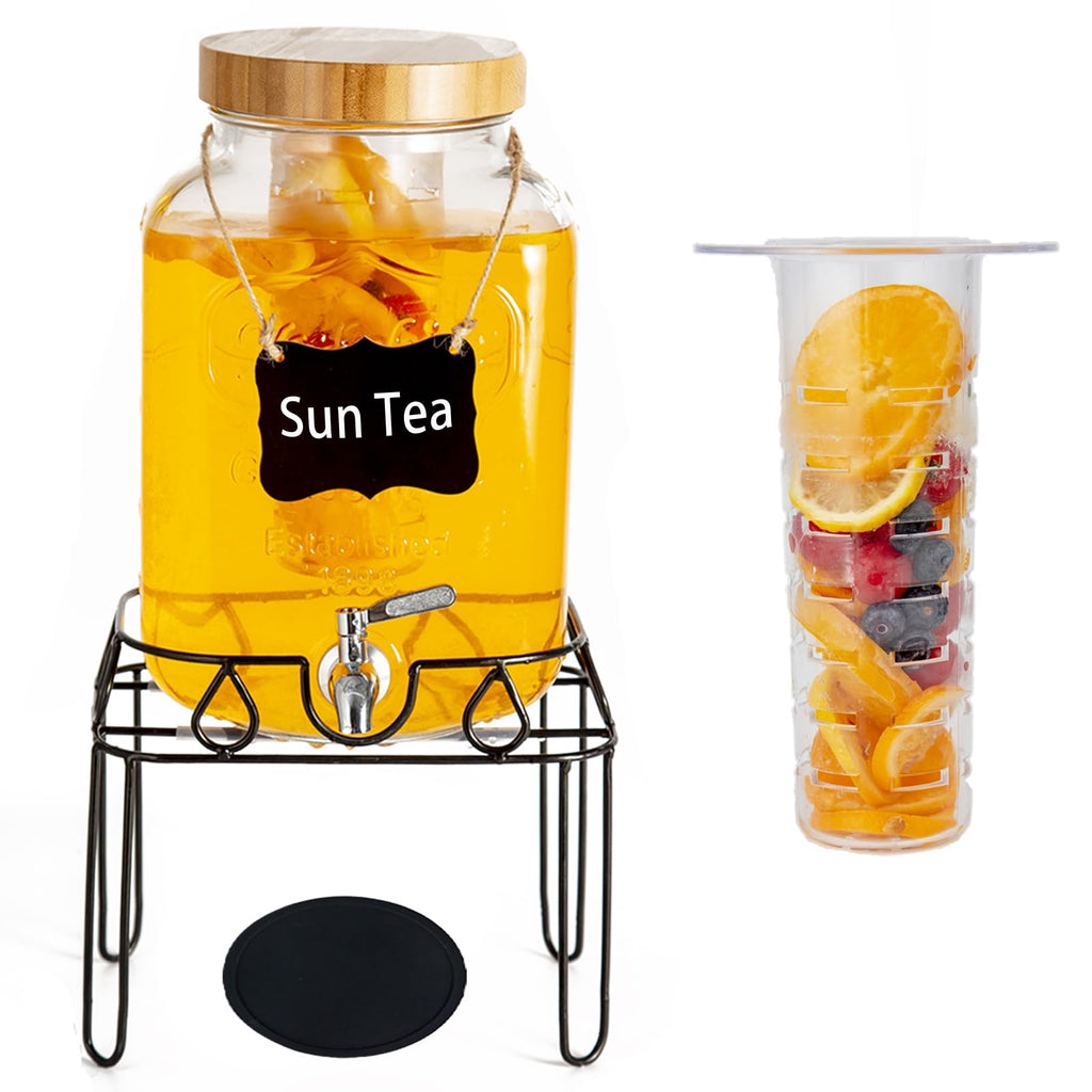 2 Gallon Glass Drink Dispenser with Stand and Bamboo Lid X732
