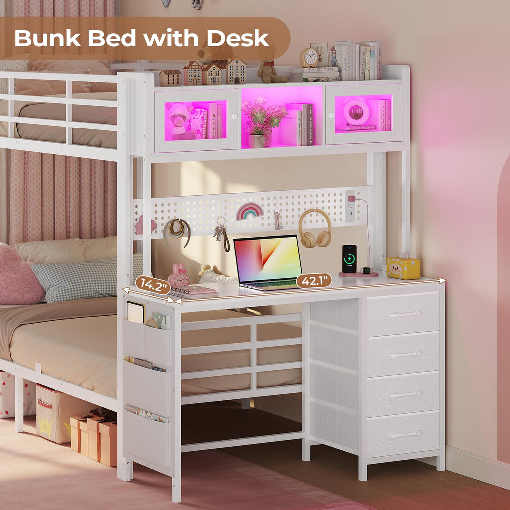 Twin Over Twin Bunk Bed with Desk & LED Light I816