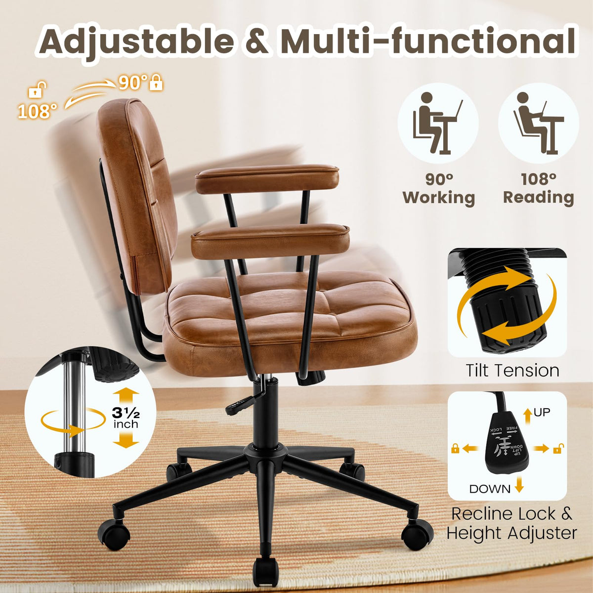 Brown Leather Office Chair with Wheels K2812