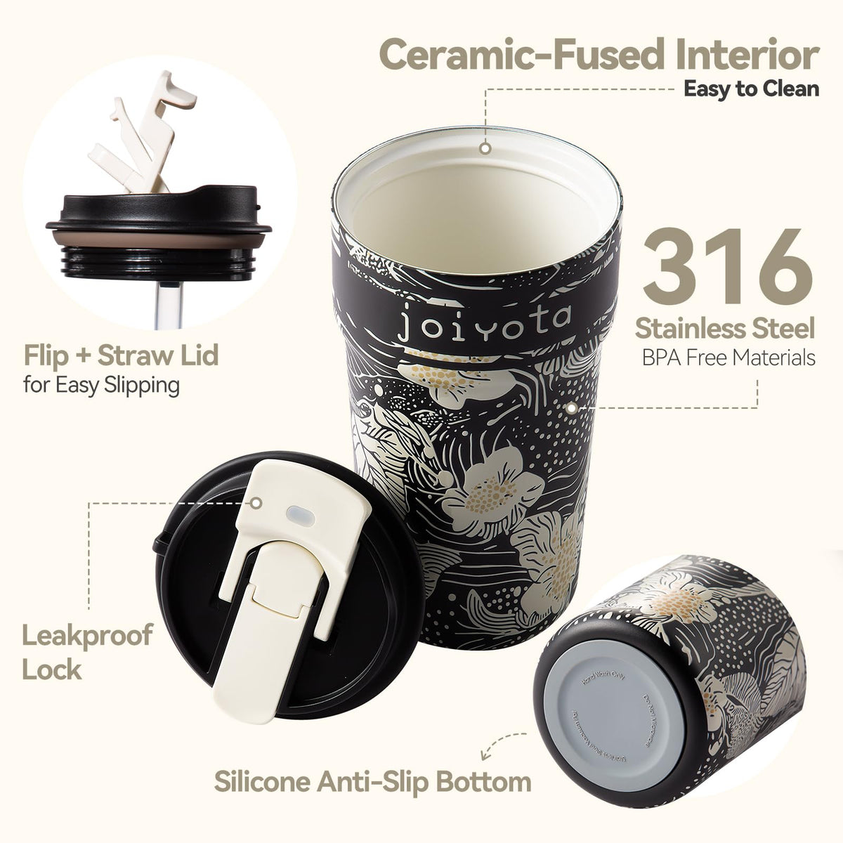 20oz Insulated Stainless Steel Ceramic Lined Coffee Tumbler with Lid and Straw G459
