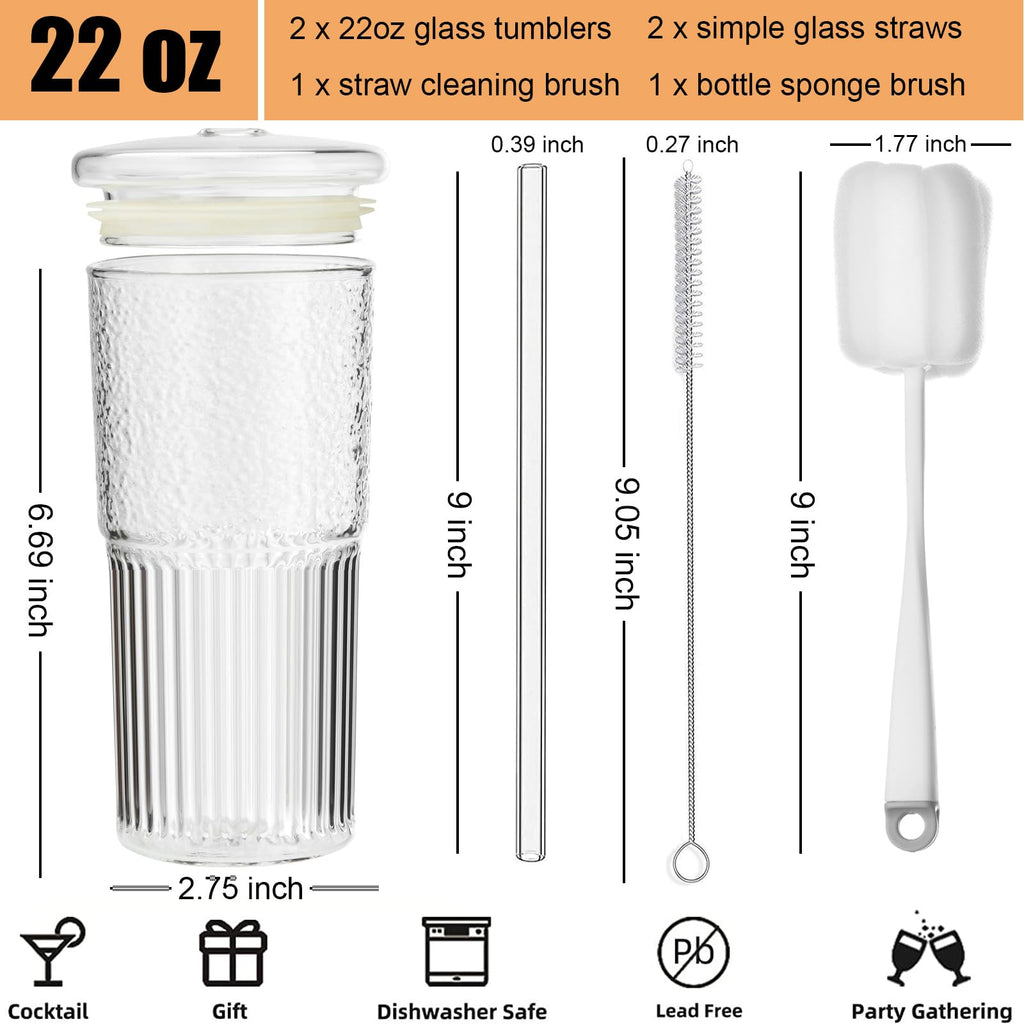 22 oz High Borosilicate Clear Glass Cups with Lids and Straws, Pack of 2 V90260