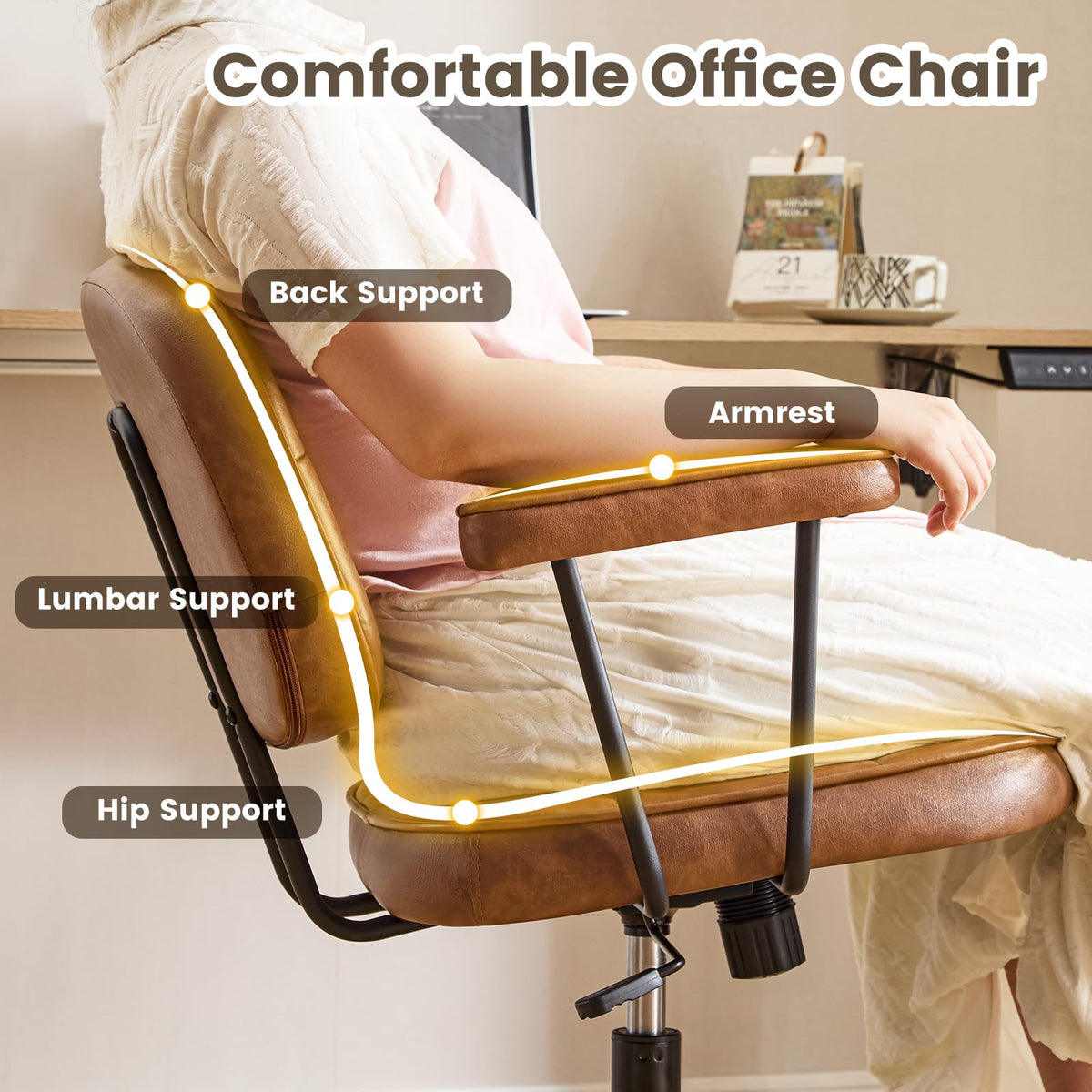 Brown Leather Office Chair with Wheels K2812