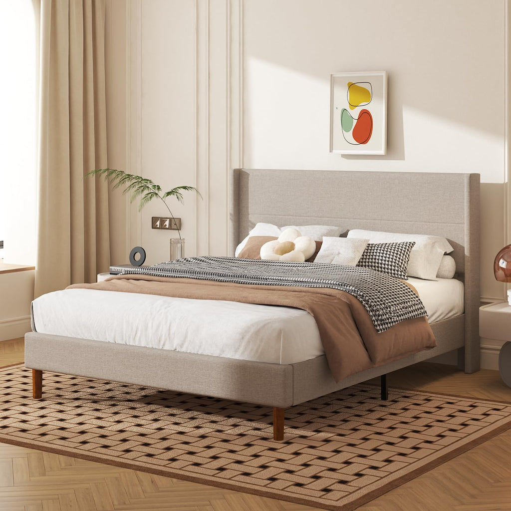 Queen Size Linen Platform Bed Frame with Wingback Headboard G1143