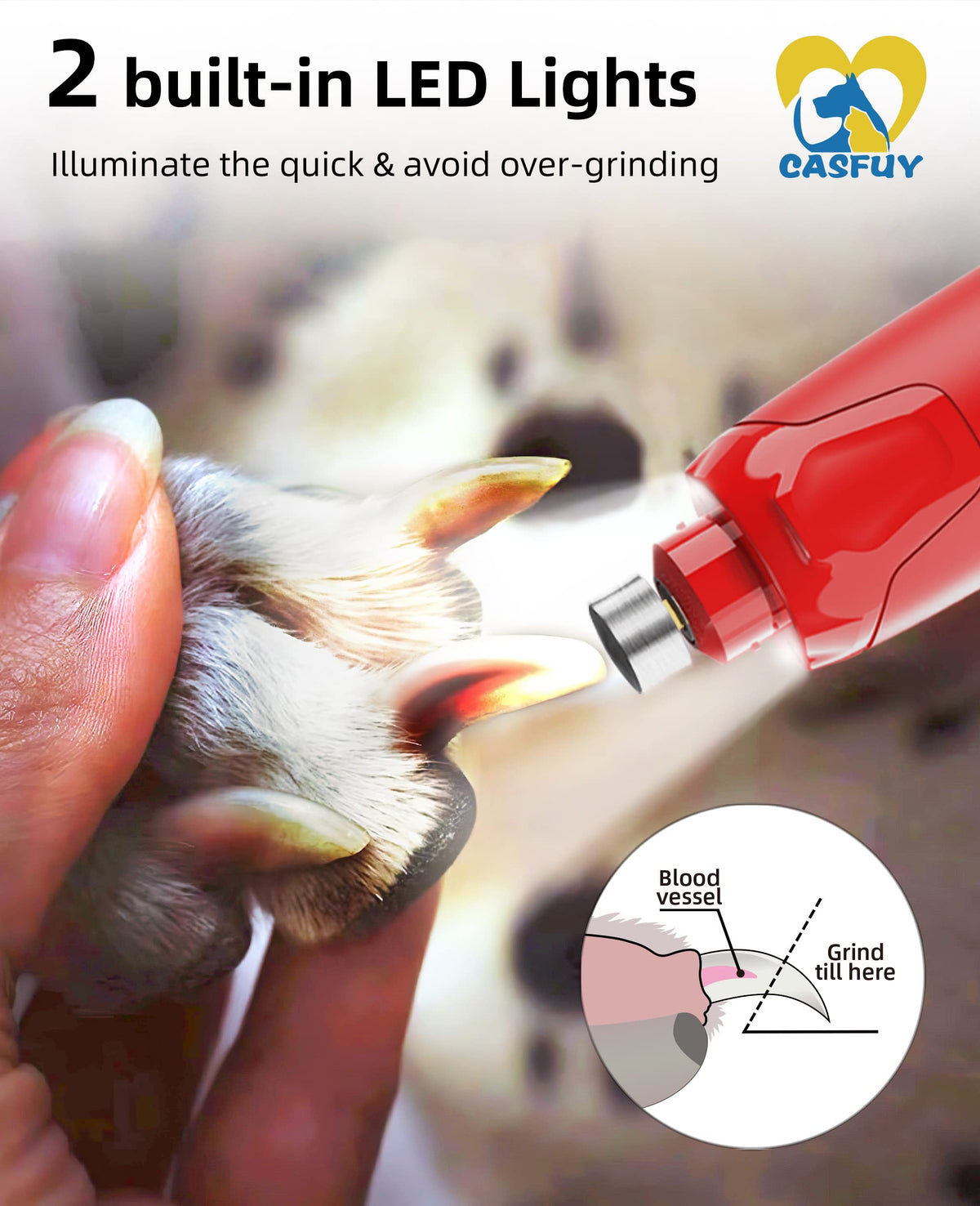 Quiet 6-Speed Rechargeable Electric Dog Nail Grinder with 2 LED Lights Q78544