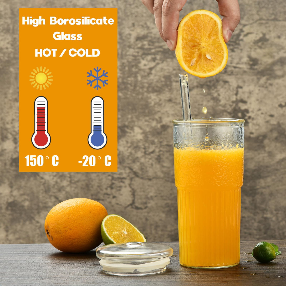22 oz High Borosilicate Clear Glass Cups with Lids and Straws, Pack of 2 V90260