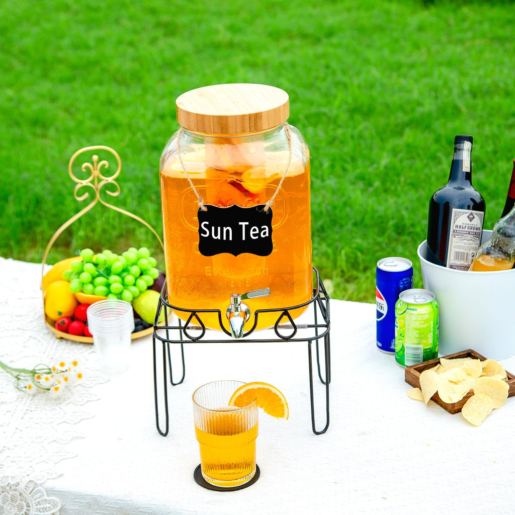 2 Gallon Glass Drink Dispenser with Stand and Bamboo Lid X732