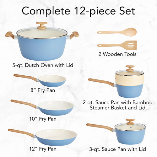 12-Piece Light Blue Ceramic Titanium-Infused Nonstick Cookware Set W902255
