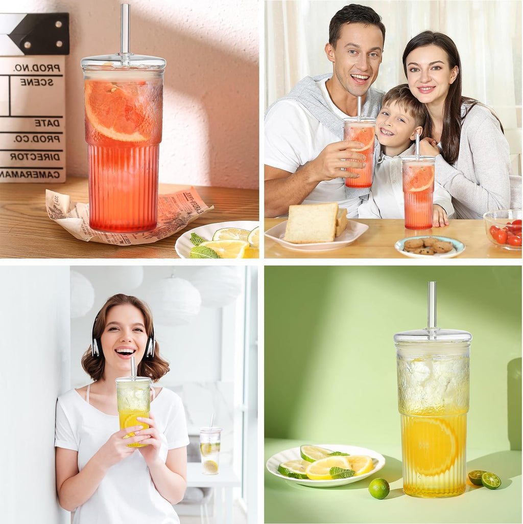 22 oz High Borosilicate Clear Glass Cups with Lids and Straws, Pack of 2 V90260