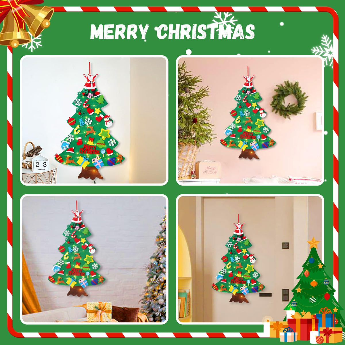 Felt Christmas Tree for Toddlers, 3.2ft Wall Hanging DIY Xmas Decorations with String Light Y219698
