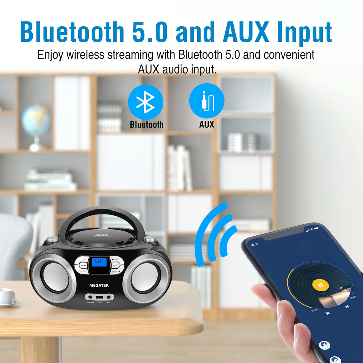Portable CD Player Boombox with Bluetooth & FM Radio – Black D860