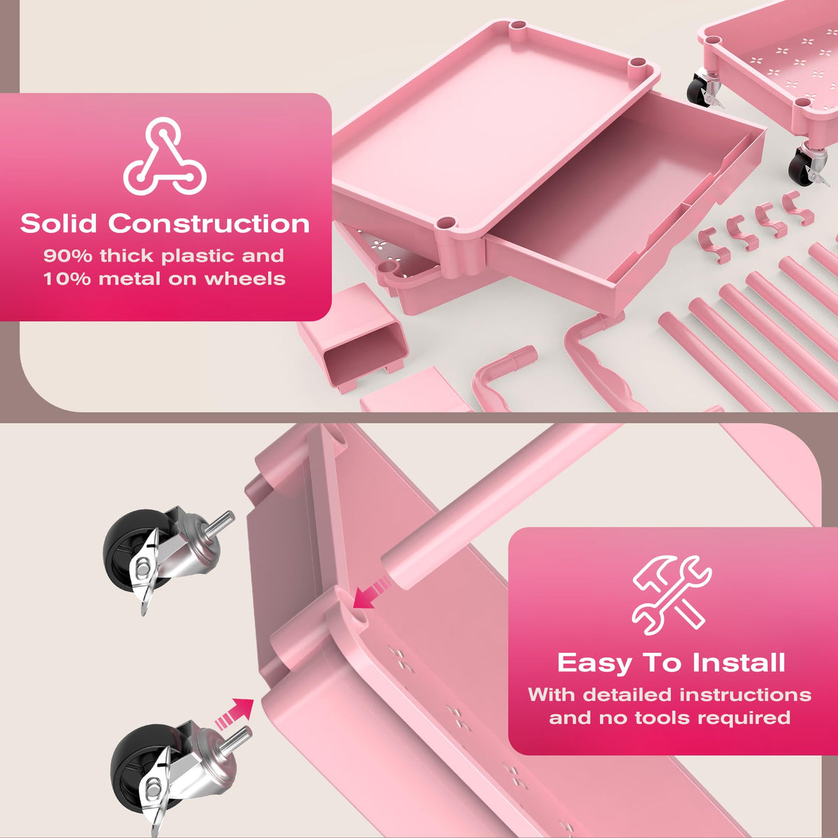 Pink 3 Tier Rolling Makeup Organizer Cart Q270141