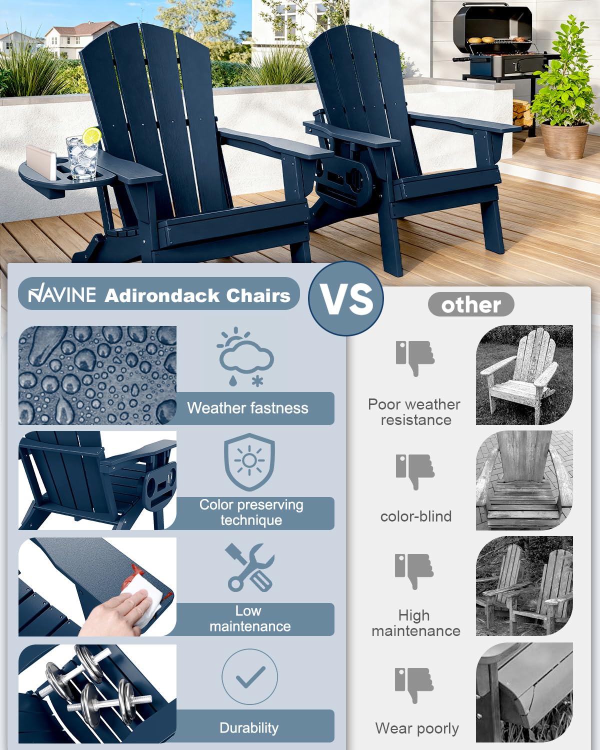 Folding Adirondack Chairs Set of 2 Navy Blue L228428