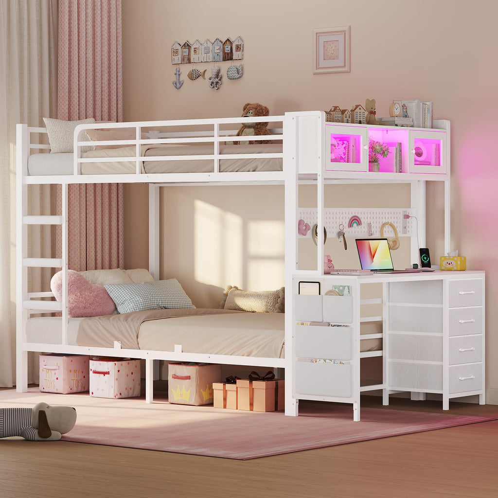 Twin Over Twin Bunk Bed with Desk & LED Light I816