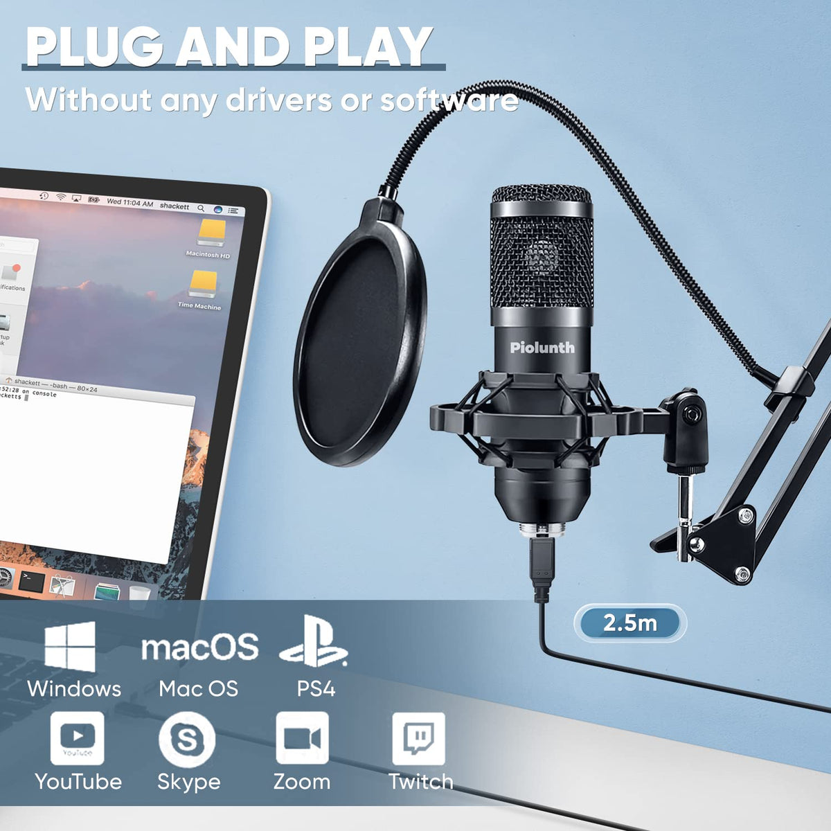 USB Microphone 192kHz/24bit Cardioid Condenser Studio Mic Kit with Boom Arm D67329