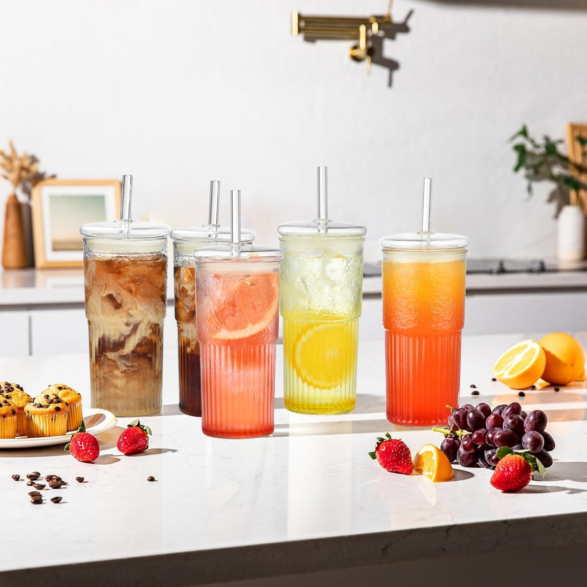 22 oz High Borosilicate Clear Glass Cups with Lids and Straws, Pack of 2 V90260