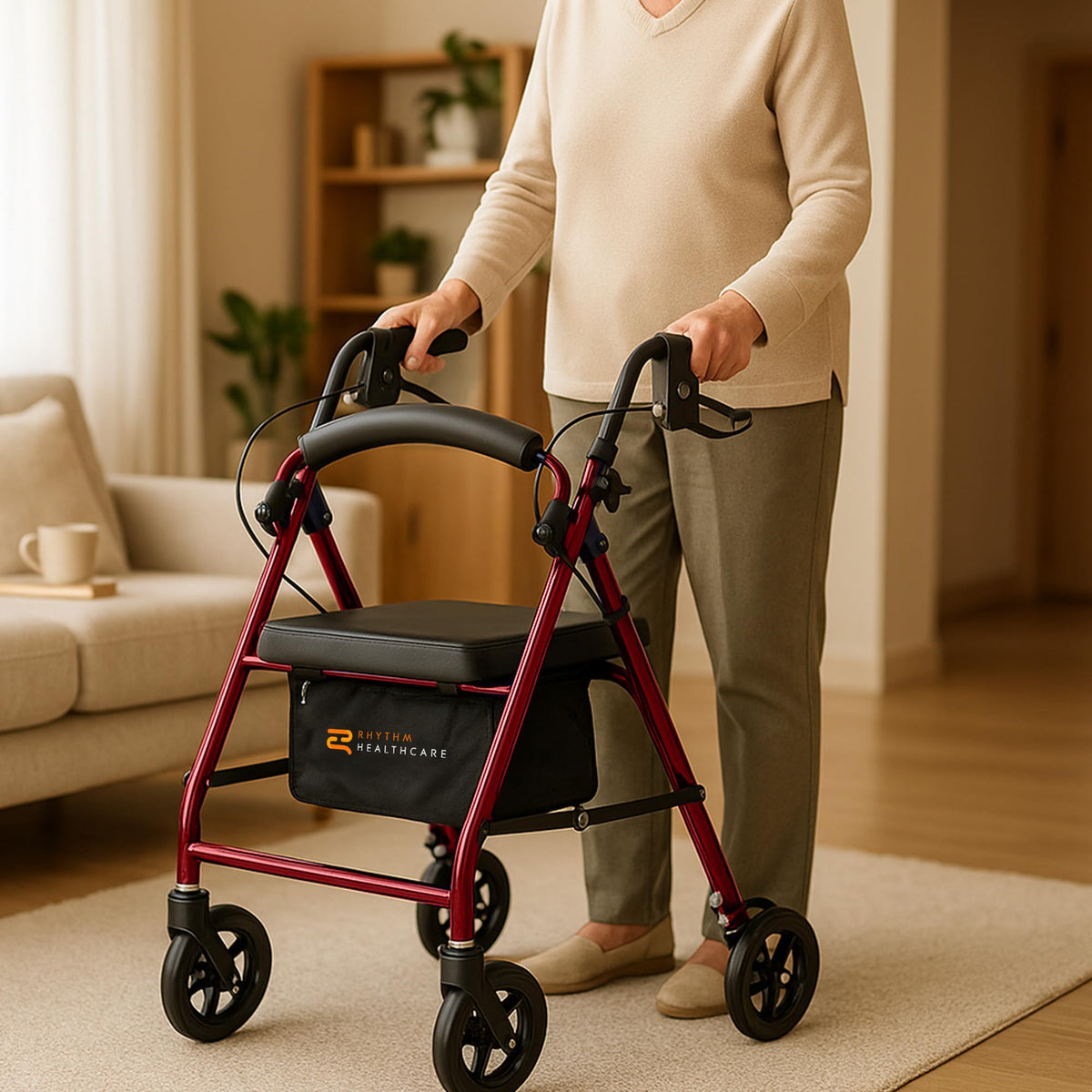 Red Aluminum 4 Wheel Rollator with Padded Seat A51846