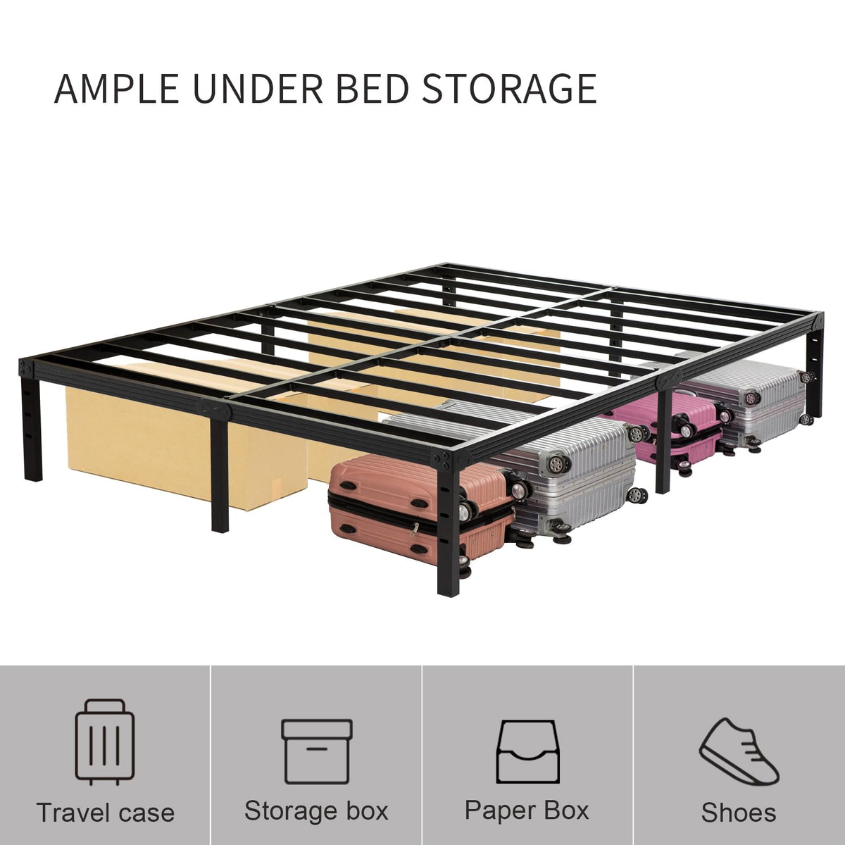 King Size 18 inch Tall Heavy Duty Metal Platform Bed Frame with Steel Slats Support Black N369425
