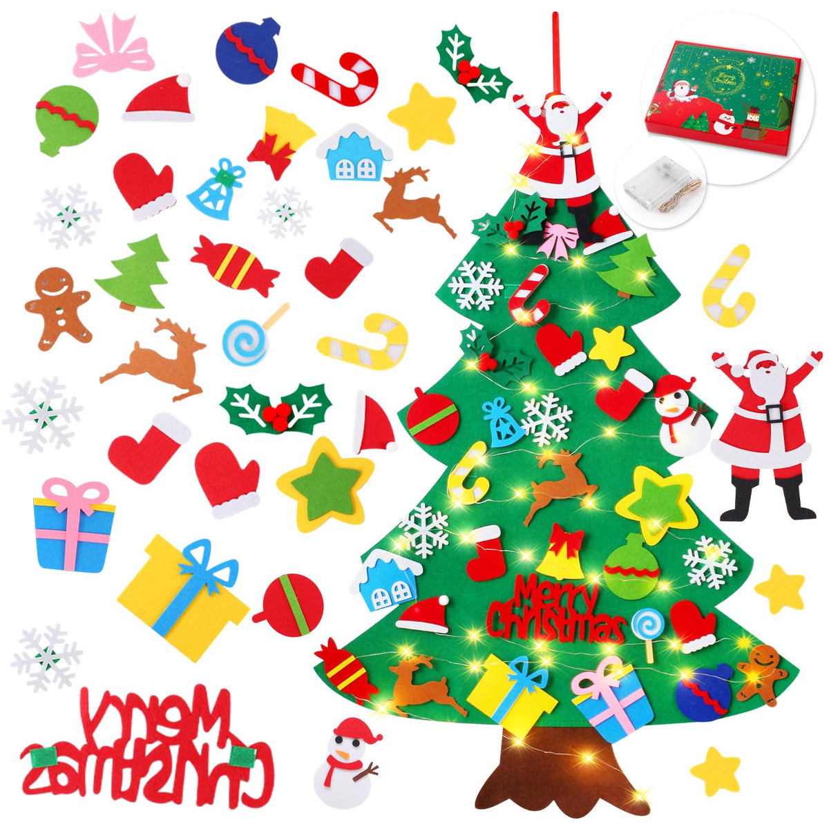 Felt Christmas Tree for Toddlers, 3.2ft Wall Hanging DIY Xmas Decorations with String Light Y219698
