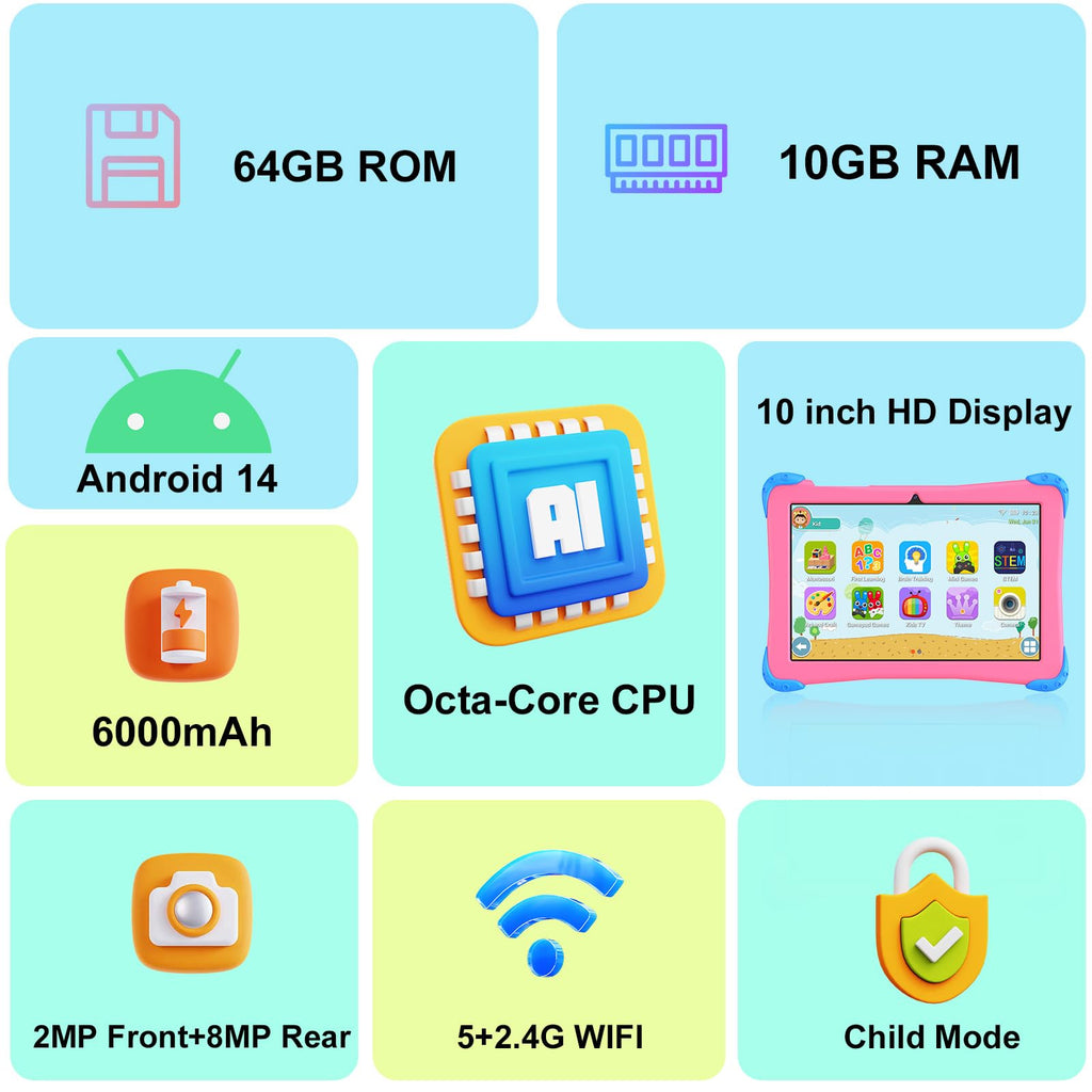 10 inch Android 14 Kids Tablet with Case V957