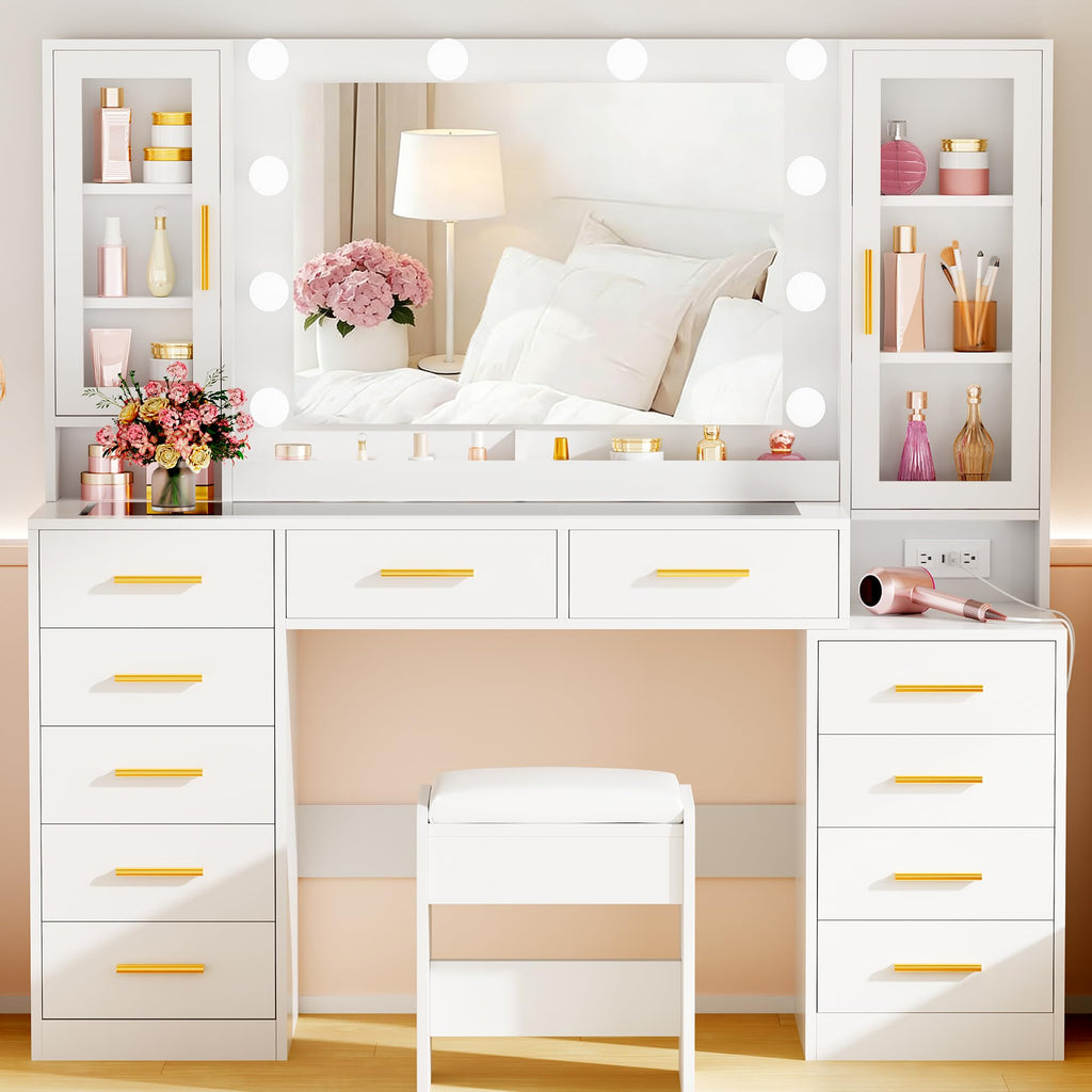 White Glass Top Vanity Desk with Mirror and Lights J5994