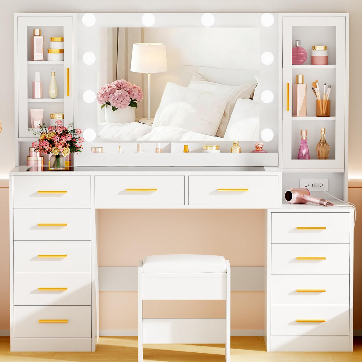 White Glass Top Vanity Desk with Mirror and Lights J5994