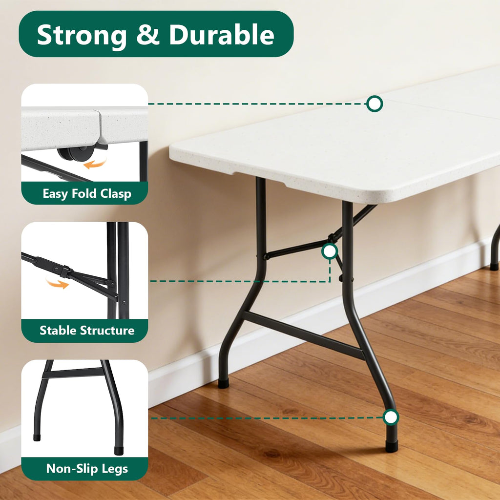 6FT Heavy Duty Plastic Folding Table with Steel Legs White F7949
